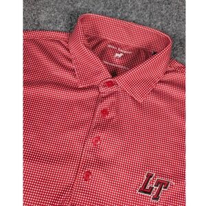 Horn Legend Polo Shirt Mens‎ L Red Gingham Performance Luxury w/ Logo